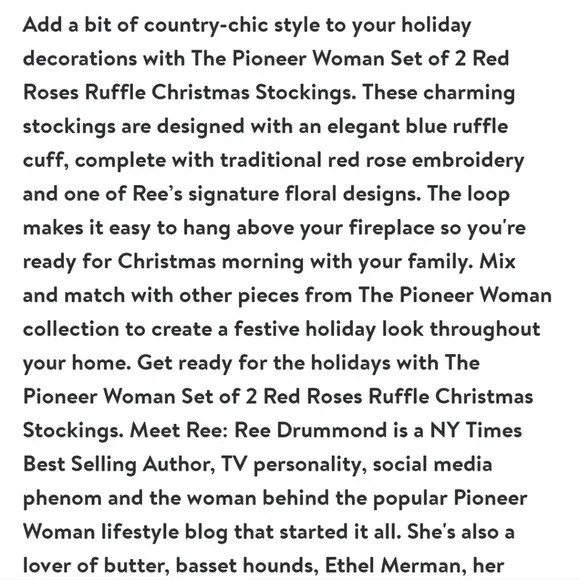 The Pioneer Woman Set of 2 Red Roses Ruffle Christmas Stockings, 20" - Picture 6 of 7